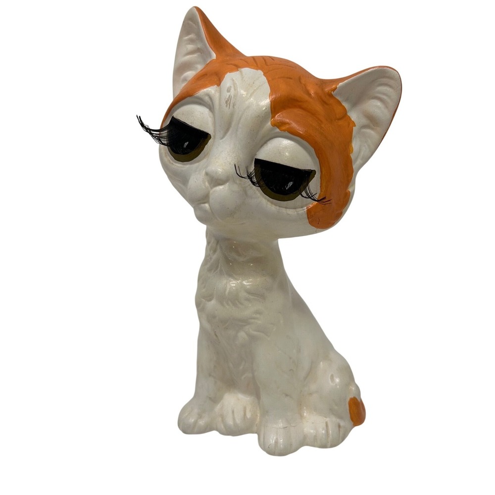 Vintage Ceramic Big Eye Kitty Cat Figurine Long Neck Orange Eyelashes Kitsch 7"